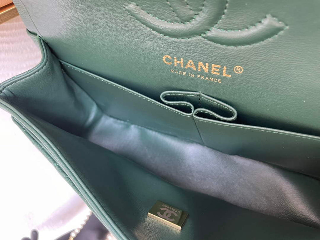 Chanel  A01113 Small Classic Handbag Grained Shiny Calfskin Dark Green Gold
