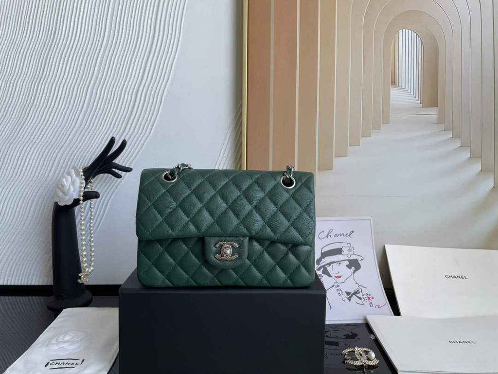 Chanel  A01113 Small Classic Handbag Grained Shiny Calfskin Dark Green Silver