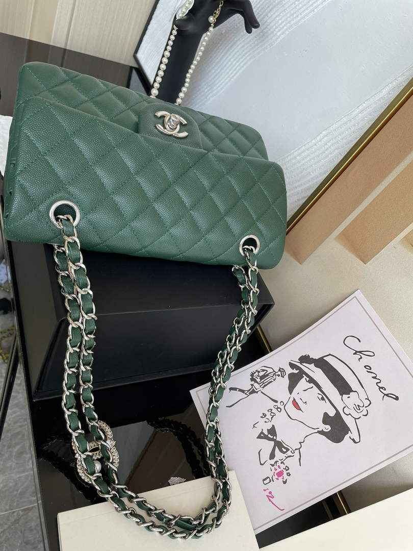 Chanel  A01113 Small Classic Handbag Grained Shiny Calfskin Dark Green Silver