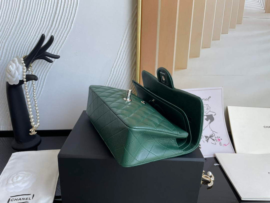 Chanel  A01113 Small Classic Handbag Grained Shiny Calfskin Dark Green Silver