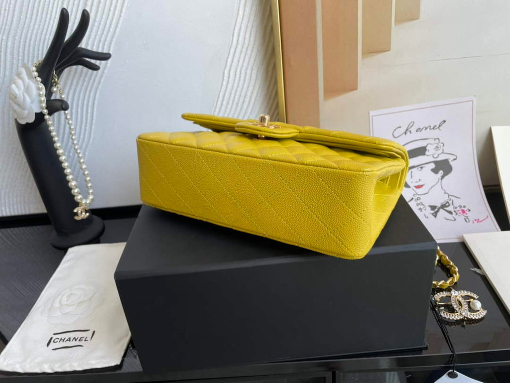 Chanel  A01113 Small Classic Handbag Grained Shiny Calfskin Yellow Gold