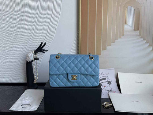 Chanel  A01113 Small Classic Handbag Grained Shiny Calfskin Blue Gold