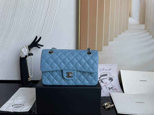 Chanel  A01113 Small Classic Handbag Grained Shiny Calfskin Blue Silver