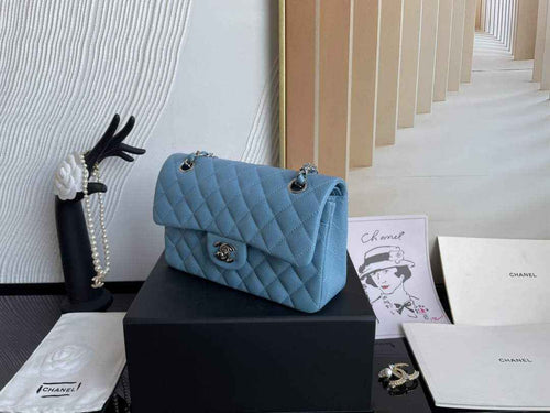 Chanel  A01113 Small Classic Handbag Grained Shiny Calfskin Blue Silver