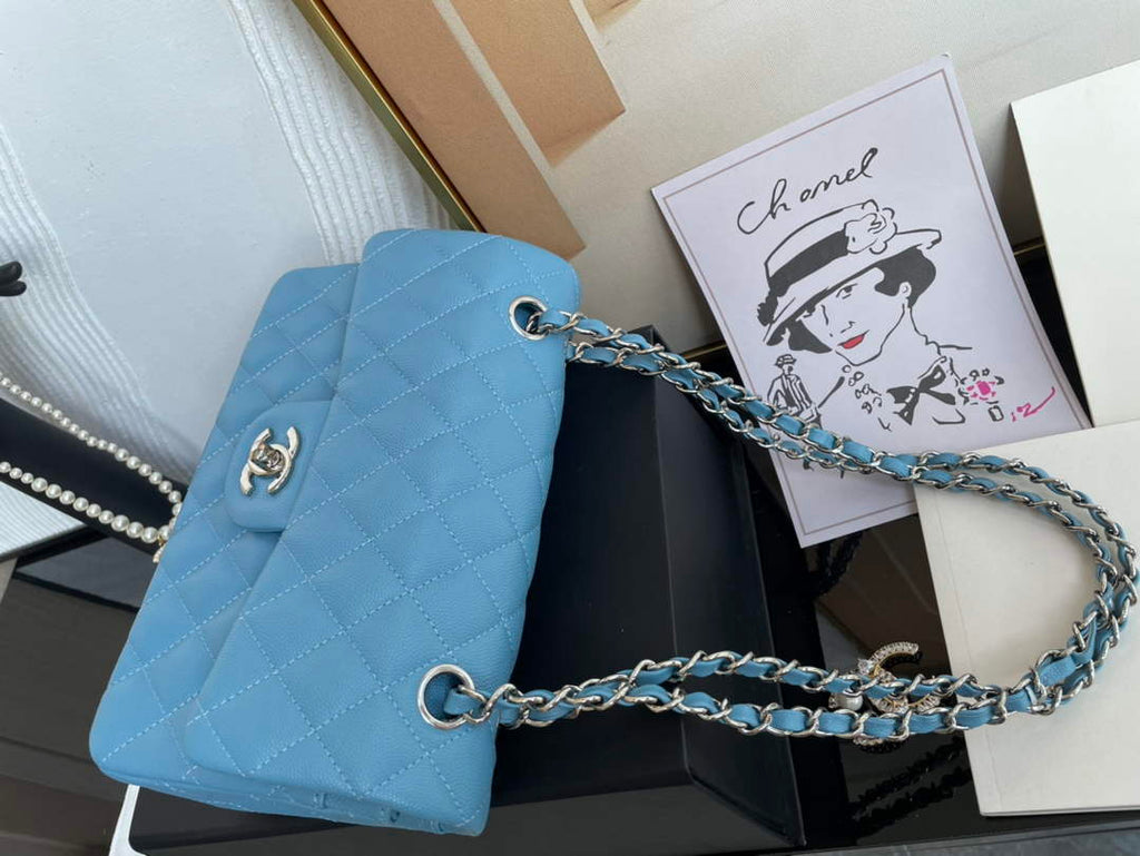 Chanel  A01113 Small Classic Handbag Grained Shiny Calfskin Blue Silver