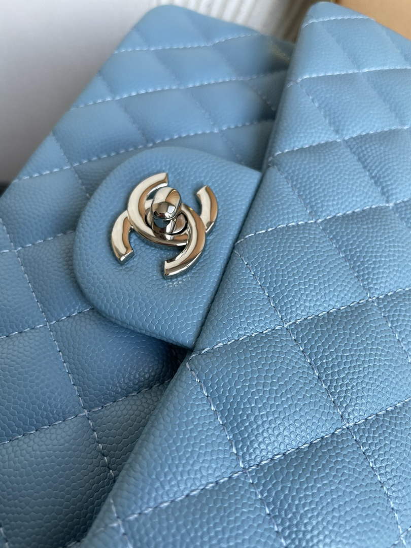 Chanel  A01113 Small Classic Handbag Grained Shiny Calfskin Blue Silver