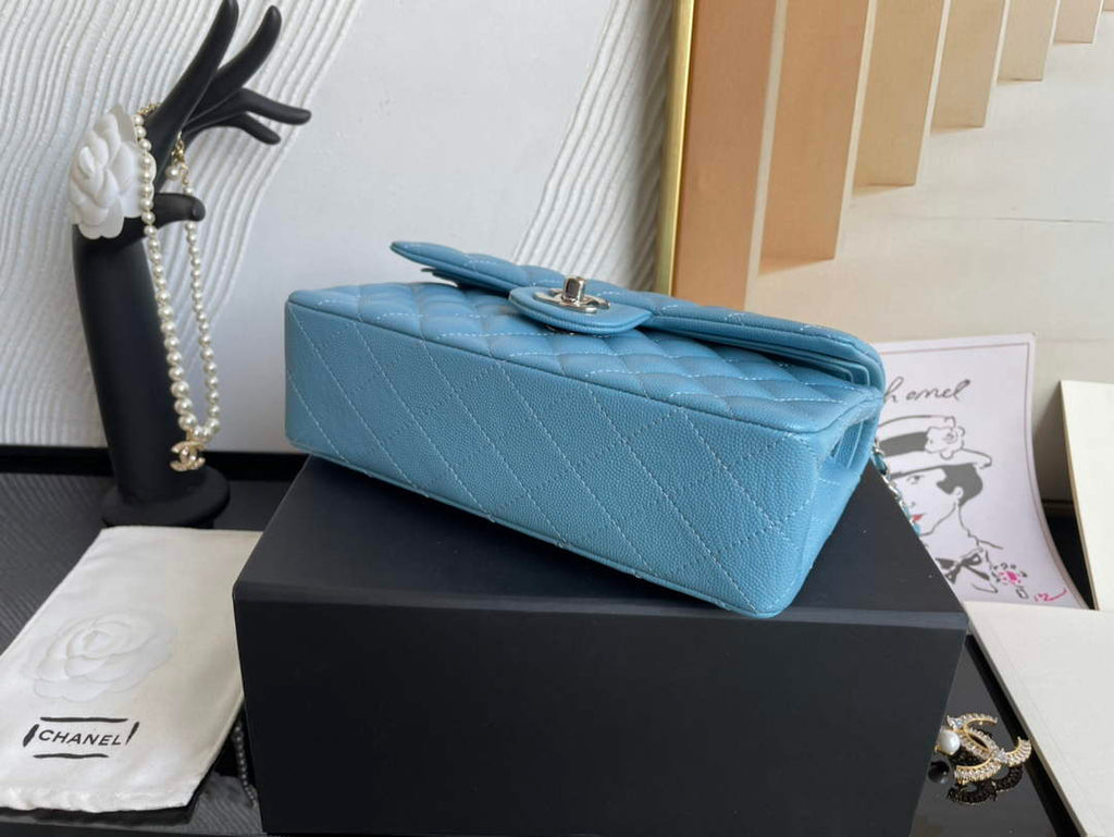 Chanel  A01113 Small Classic Handbag Grained Shiny Calfskin Blue Silver