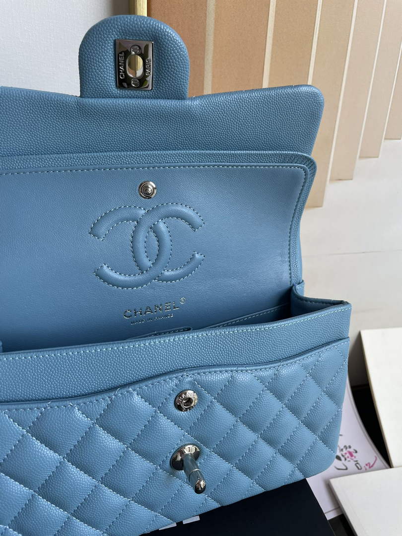 Chanel  A01113 Small Classic Handbag Grained Shiny Calfskin Blue Silver