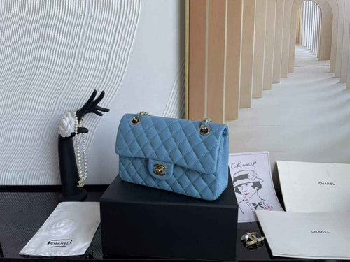 Chanel  A01113 Small Classic Handbag Grained Shiny Calfskin Blue Gold