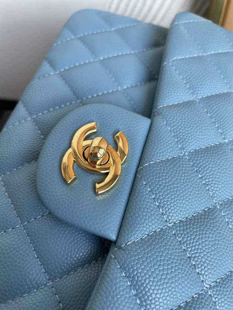 Chanel  A01113 Small Classic Handbag Grained Shiny Calfskin Blue Gold