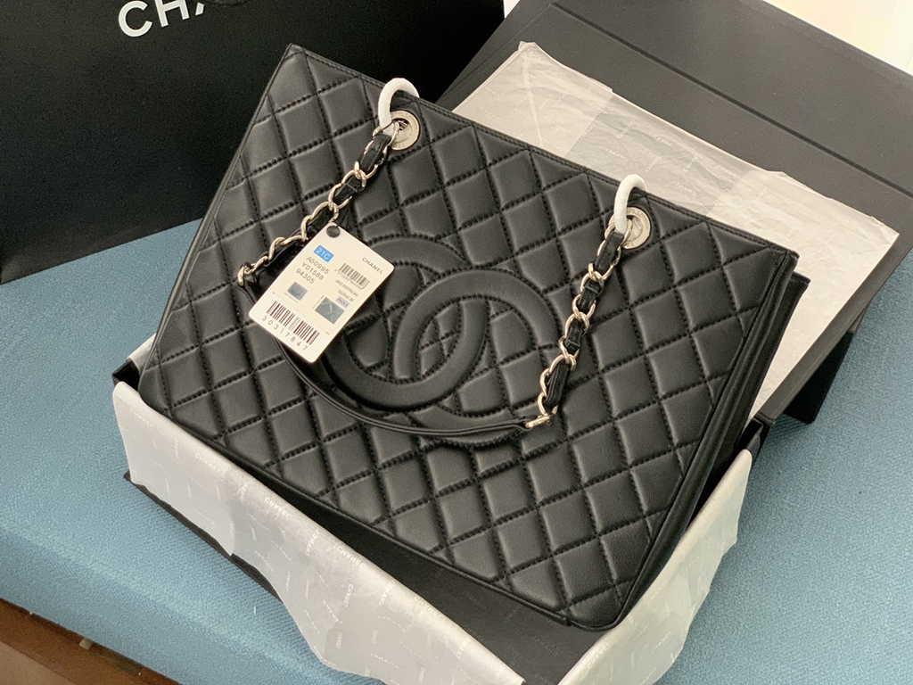 Chanel A50995 Matelasse GST Chain Tote Bag Lambskin Black Silver
