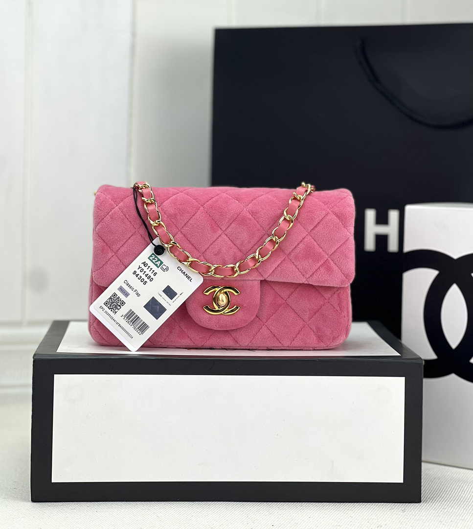 Chanel A69900 Mini Flap Bag Pink Velvet Enamel Gold-Tone Metal