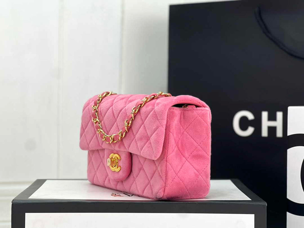 Chanel A69900 Mini Flap Bag Pink Velvet Enamel Gold-Tone Metal