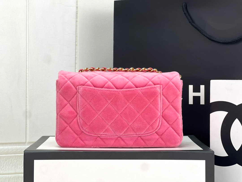 Chanel A69900 Mini Flap Bag Pink Velvet Enamel Gold-Tone Metal