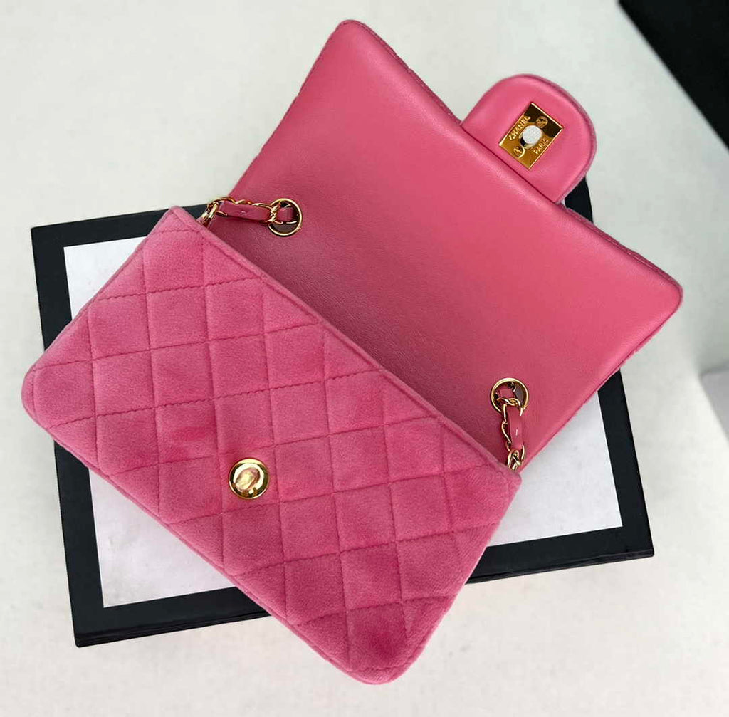 Chanel A69900 Mini Flap Bag Pink Velvet Enamel Gold-Tone Metal