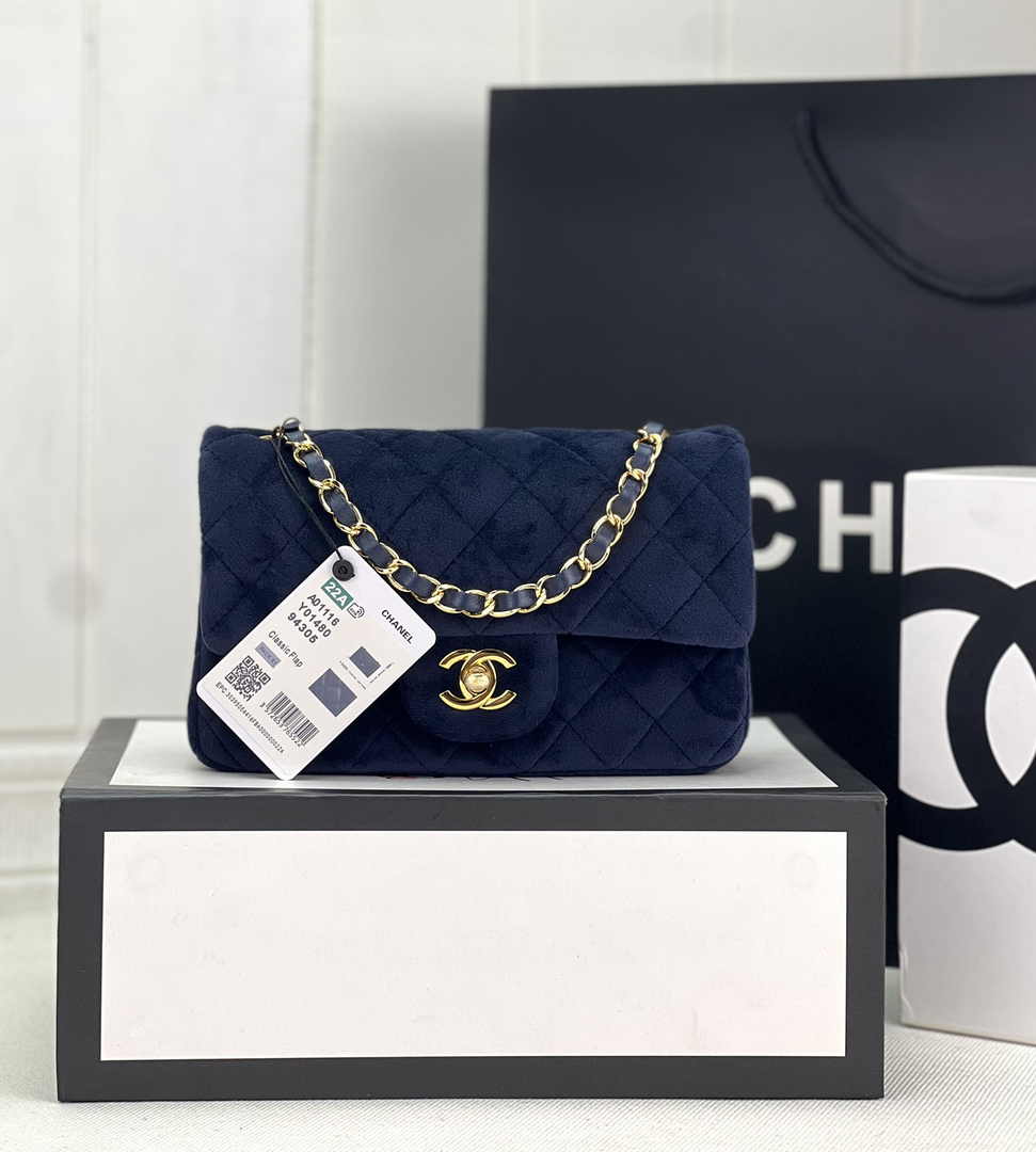 Chanel A69900 Mini Flap Bag Navy Blue Velvet Enamel Gold-Tone Metal