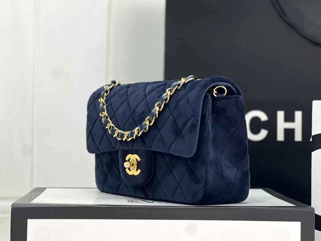 Chanel A69900 Mini Flap Bag Navy Blue Velvet Enamel Gold-Tone Metal