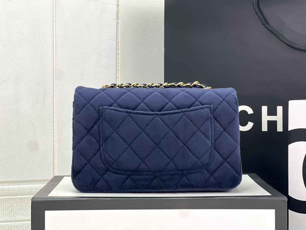 Chanel A69900 Mini Flap Bag Navy Blue Velvet Enamel Gold-Tone Metal