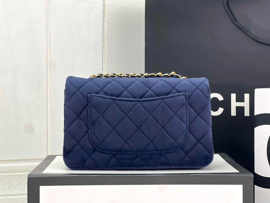 Chanel A69900 Mini Flap Bag Navy Blue Velvet Enamel Gold-Tone Metal