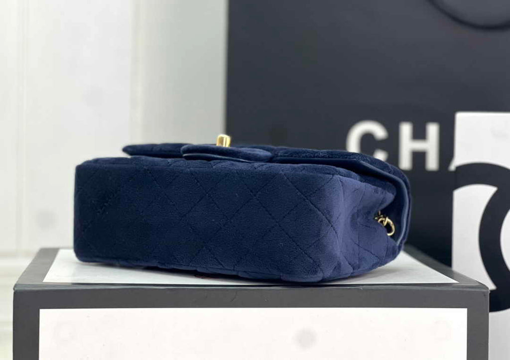 Chanel A69900 Mini Flap Bag Navy Blue Velvet Enamel Gold-Tone Metal