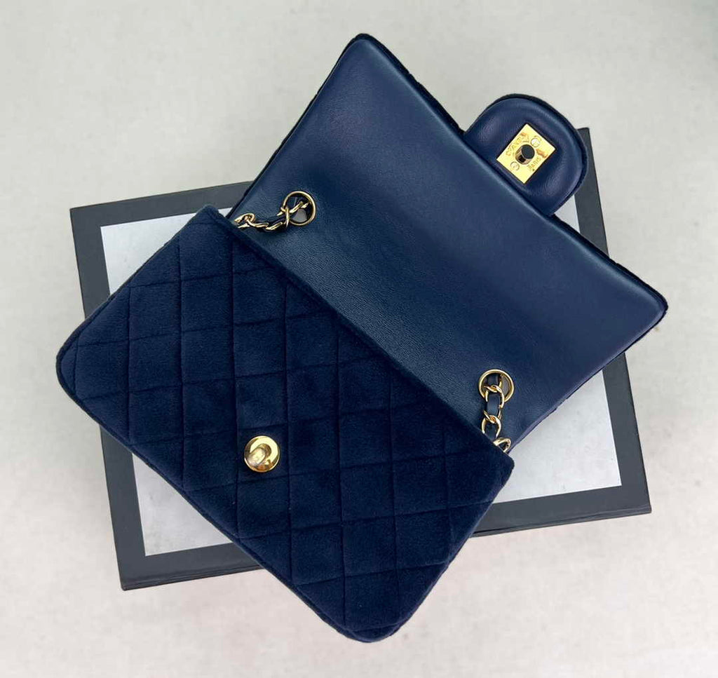 Chanel A69900 Mini Flap Bag Navy Blue Velvet Enamel Gold-Tone Metal
