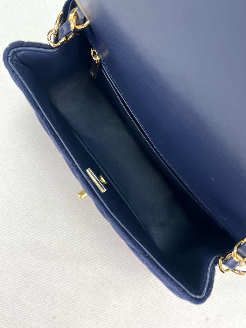 Chanel A69900 Mini Flap Bag Navy Blue Velvet Enamel Gold-Tone Metal