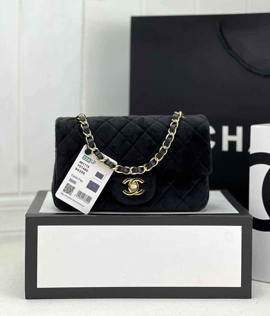 Chanel A69900 Mini Flap Bag Black Velvet Enamel Gold-Tone Metal