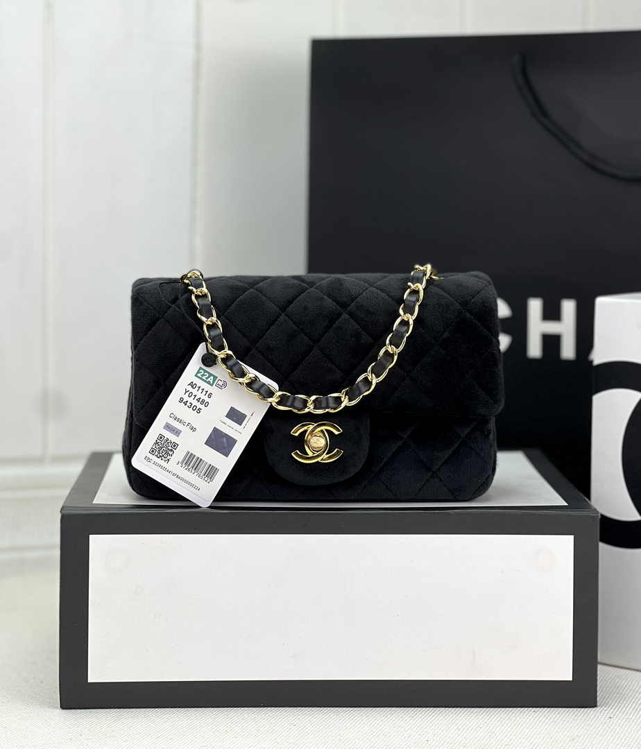 Chanel A69900 Mini Flap Bag Black Velvet Enamel Gold-Tone Metal