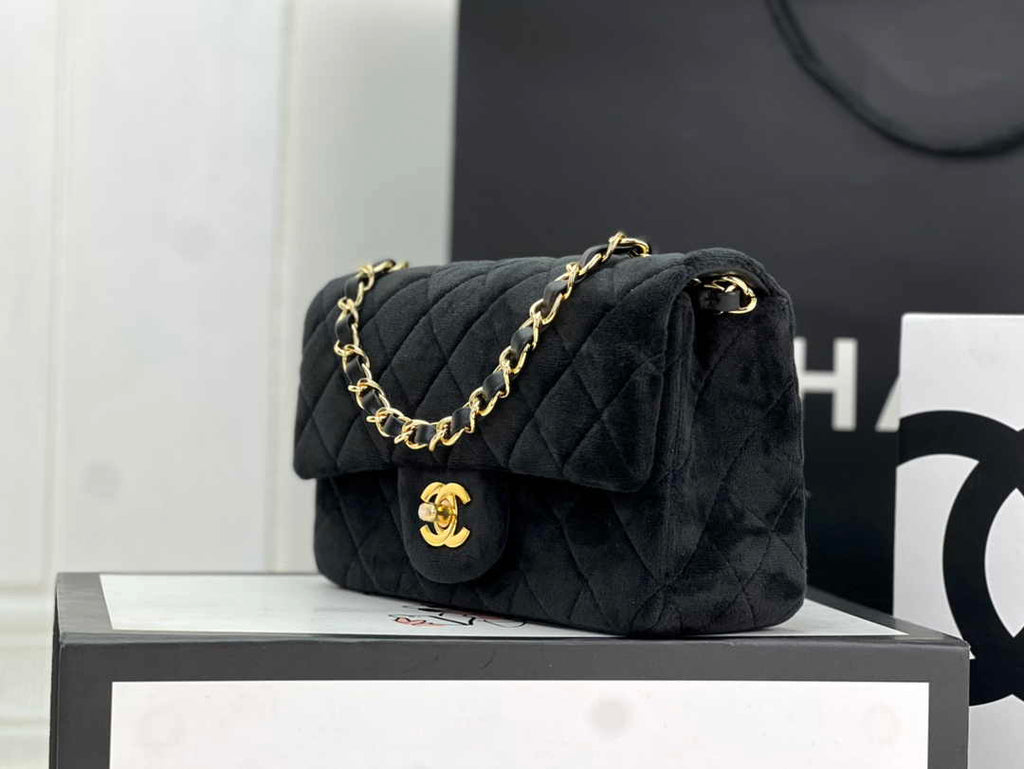 Chanel A69900 Mini Flap Bag Black Velvet Enamel Gold-Tone Metal