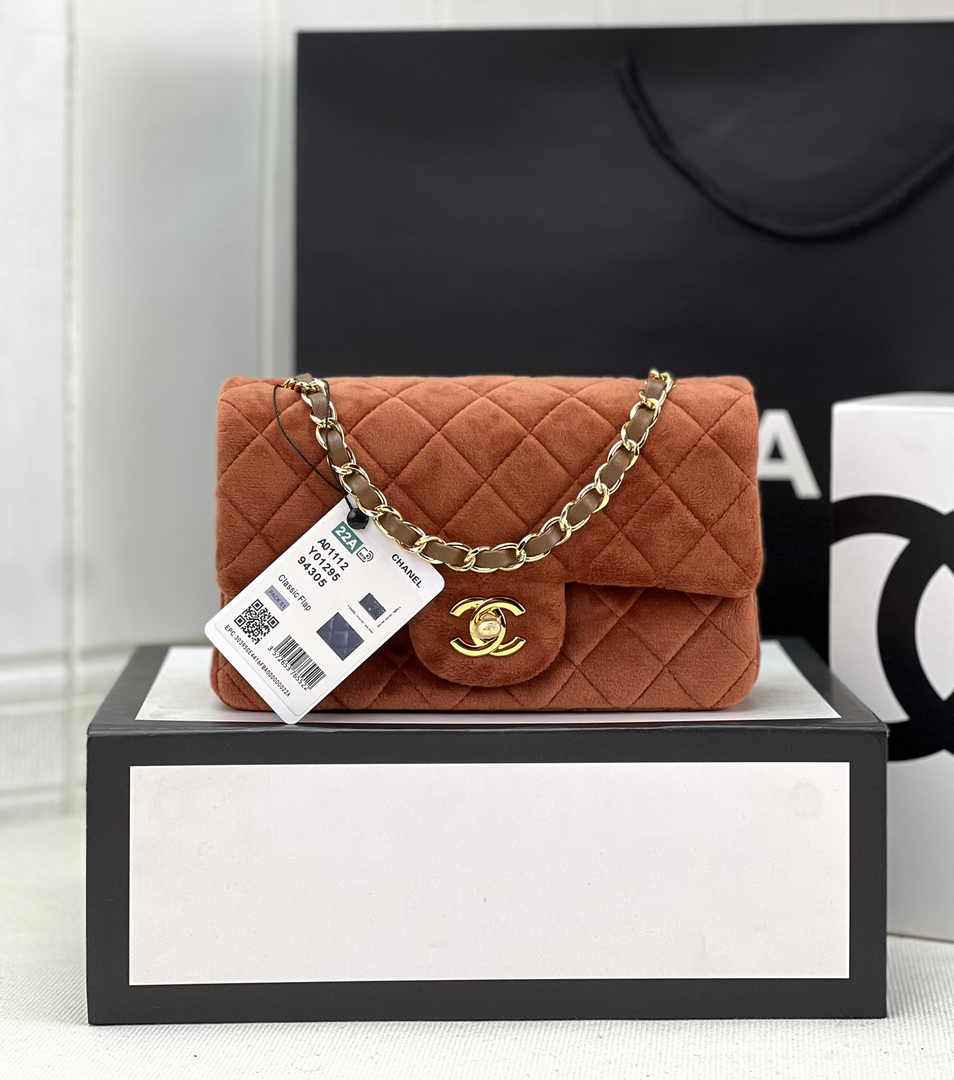 Chanel A69900 Mini Flap Bag Brown Velvet Enamel Gold-Tone Metal
