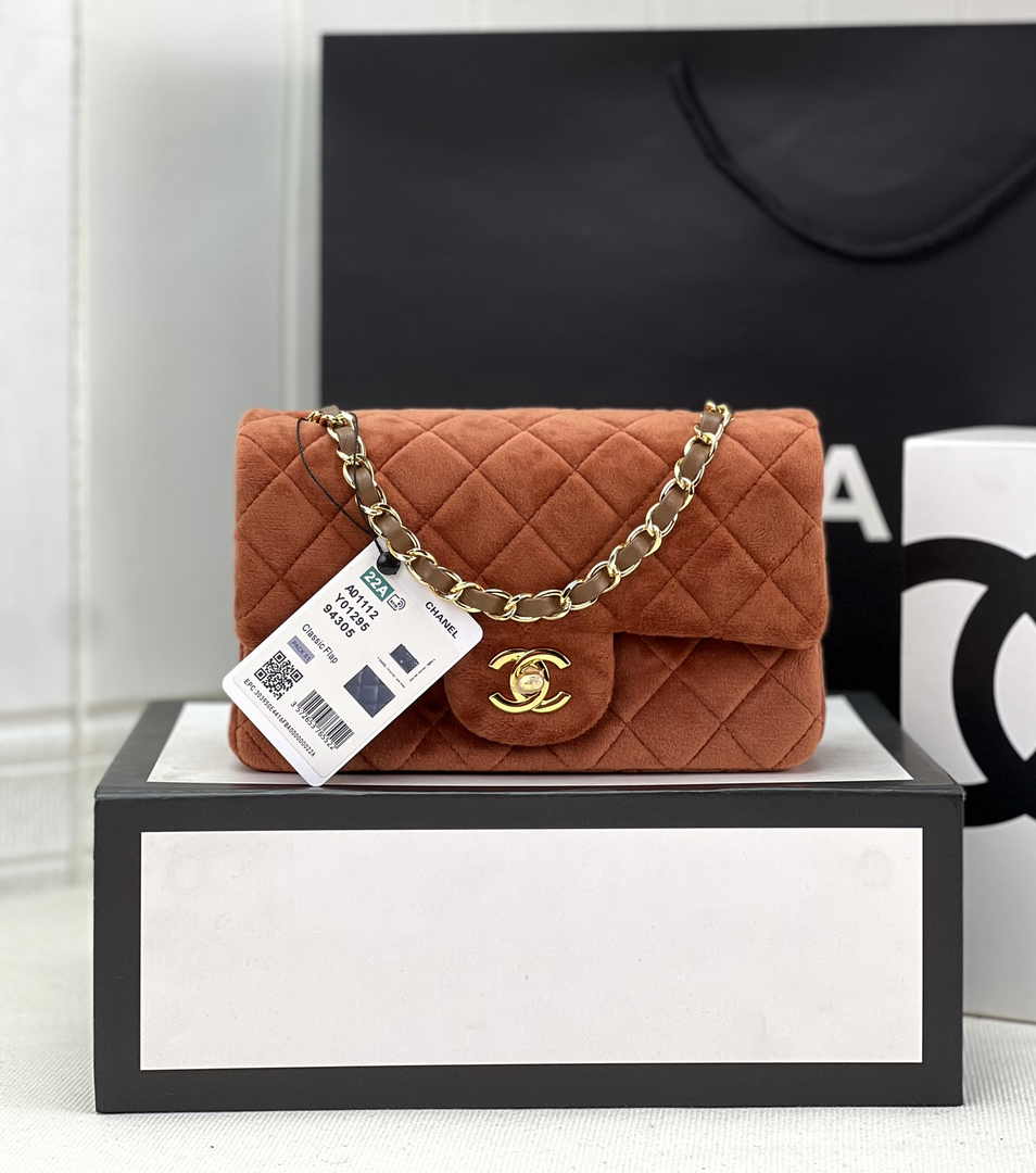 Chanel A69900 Mini Flap Bag Brown Velvet Enamel Gold-Tone Metal
