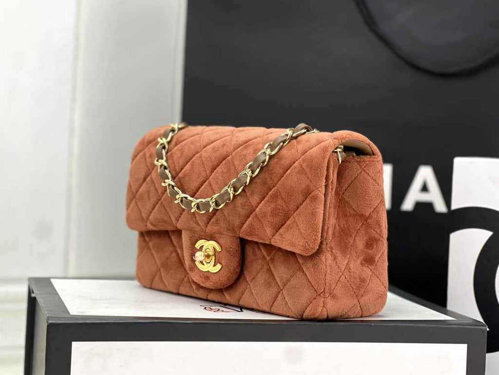 Chanel A69900 Mini Flap Bag Brown Velvet Enamel Gold-Tone Metal