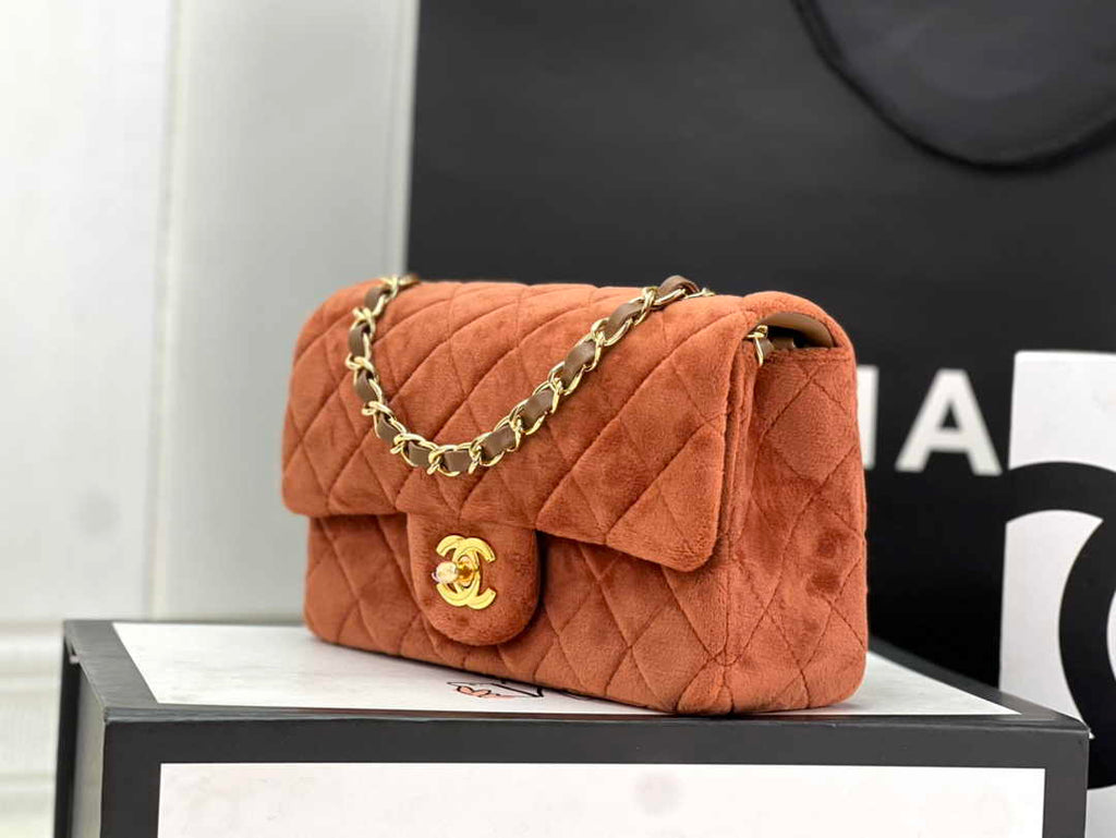 Chanel A69900 Mini Flap Bag Brown Velvet Enamel Gold-Tone Metal