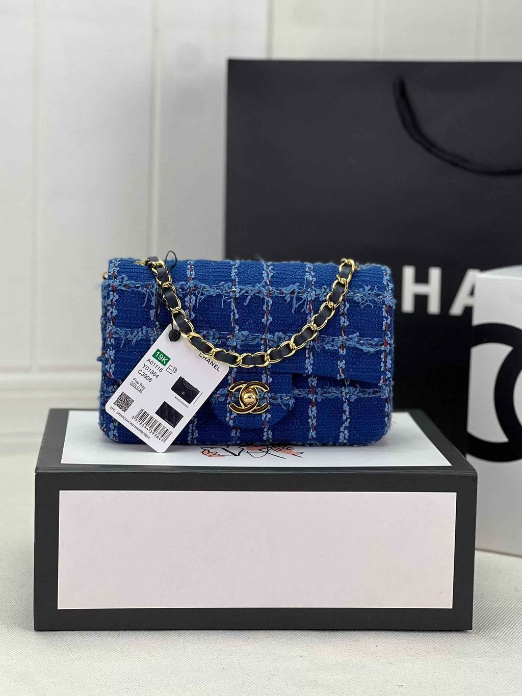 Chanel A69900 Mini Flap Bag Dark Blue Tweed Gold-Tone Metal