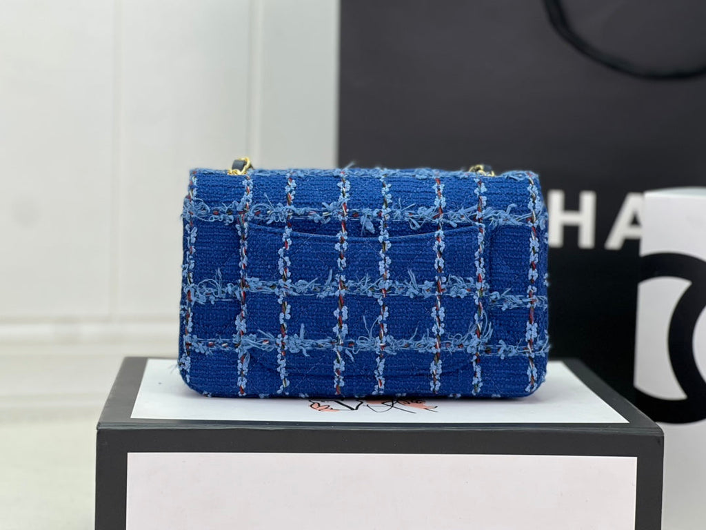 Chanel A69900 Mini Flap Bag Dark Blue Tweed Gold-Tone Metal