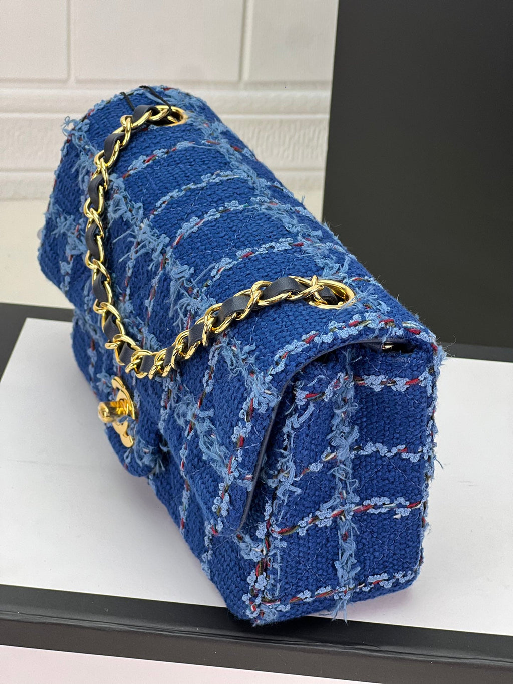 Chanel A69900 Mini Flap Bag Dark Blue Tweed Gold-Tone Metal