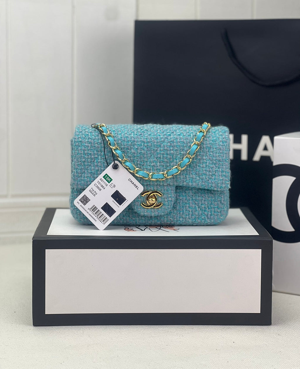 Chanel A69900 Mini Flap Bag Green Blue Tweed Gold-Tone Metal