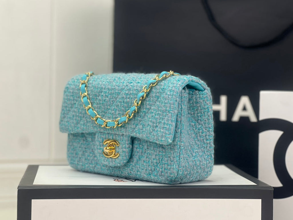 Chanel A69900 Mini Flap Bag Green Blue Tweed Gold-Tone Metal