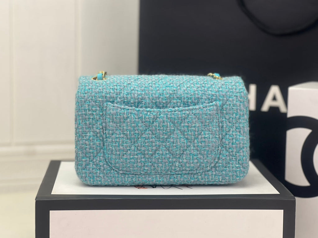 Chanel A69900 Mini Flap Bag Green Blue Tweed Gold-Tone Metal