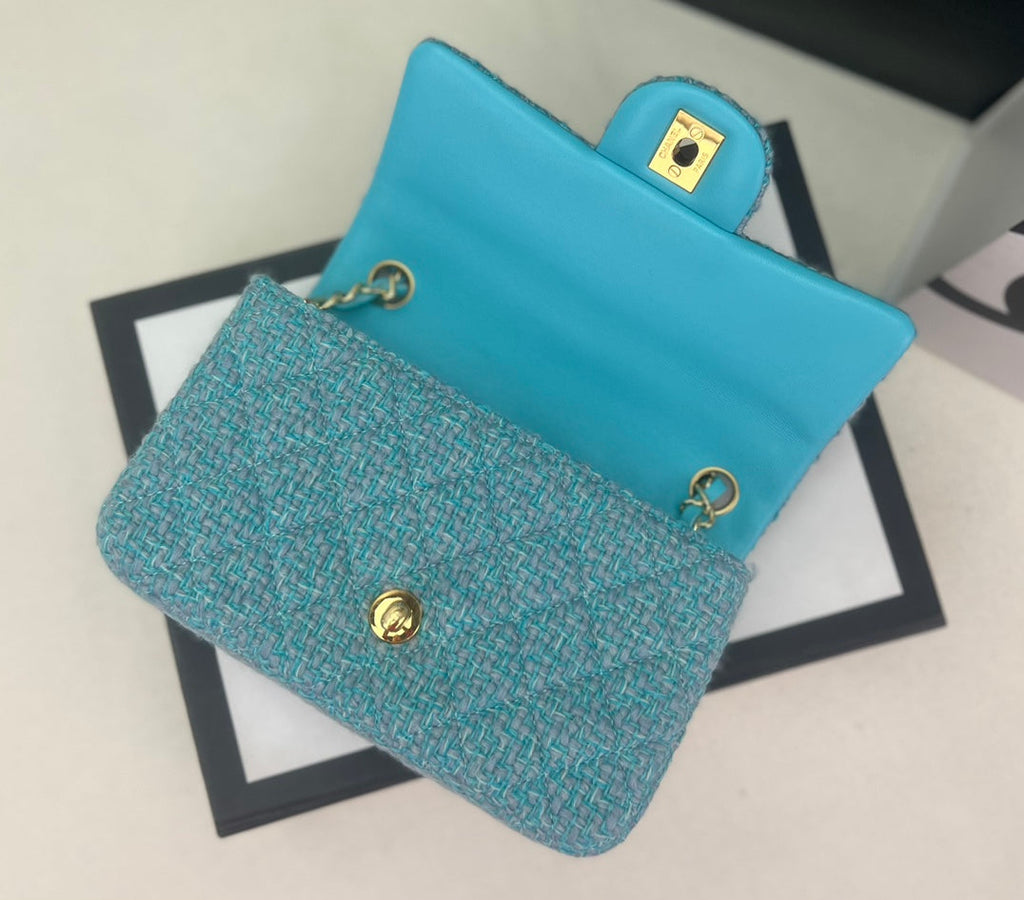 Chanel A69900 Mini Flap Bag Green Blue Tweed Gold-Tone Metal