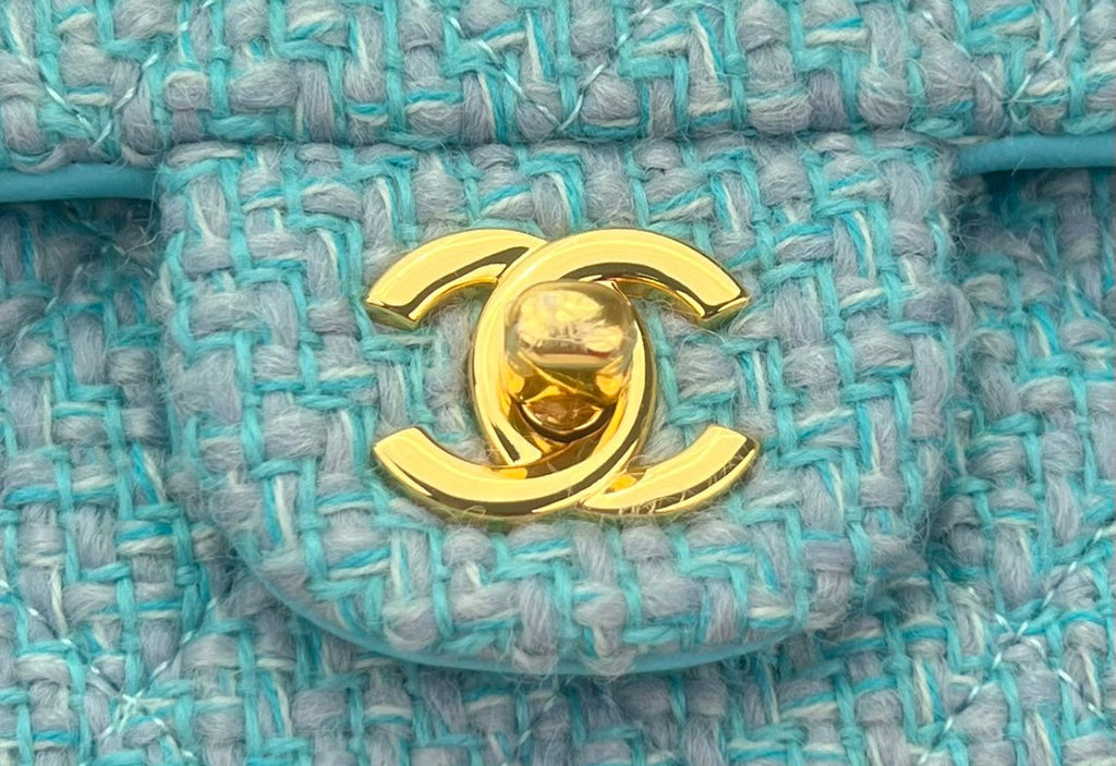 Chanel A69900 Mini Flap Bag Green Blue Tweed Gold-Tone Metal
