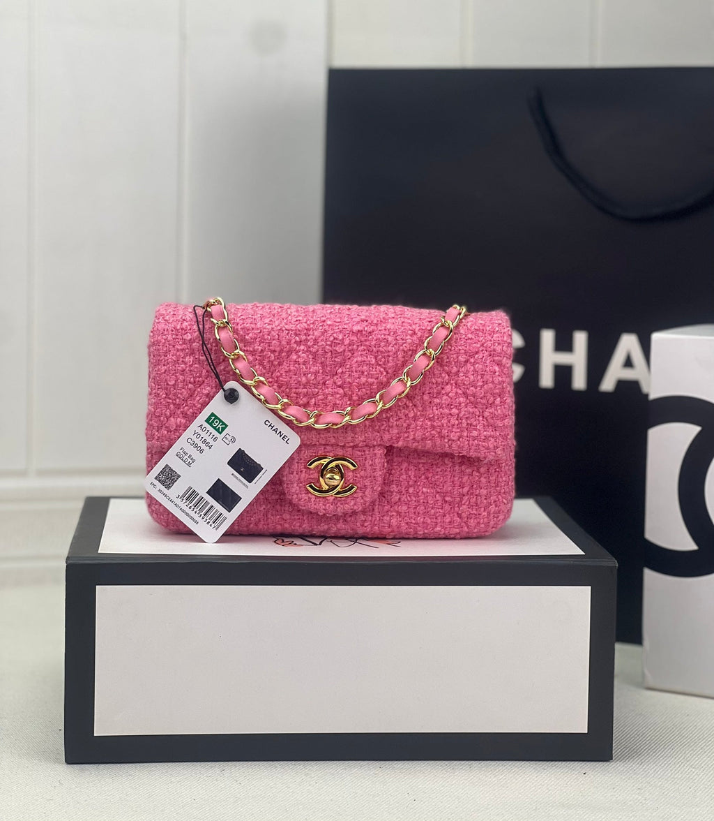 Chanel A69900 Mini Flap Bag Pink Tweed Gold-Tone Metal
