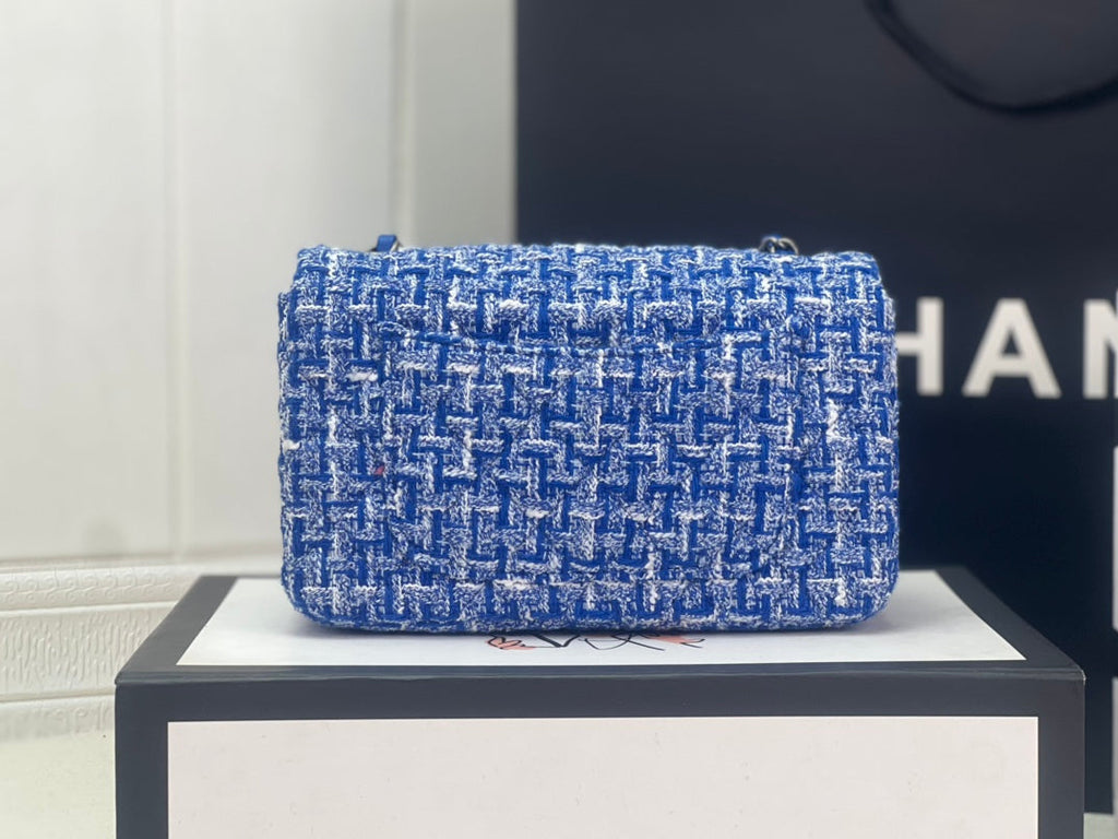 Chanel A69900 Mini Flap Bag Blue Tweed Gold-Tone Metal
