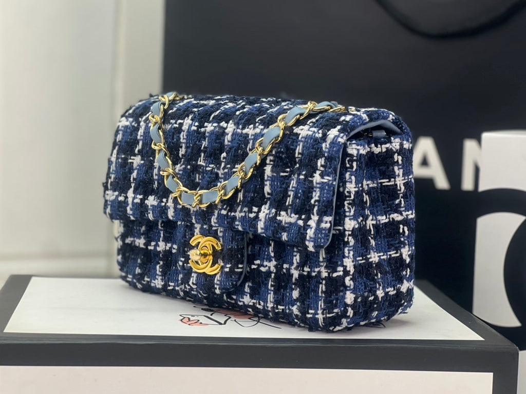 Chanel A69900 Mini Flap Bag Tweed Gold-Tone Metal Blue