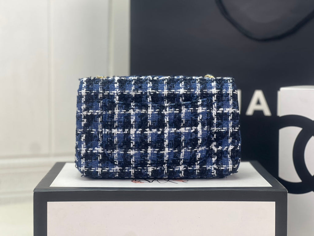 Chanel A69900 Mini Flap Bag Tweed Gold-Tone Metal Blue