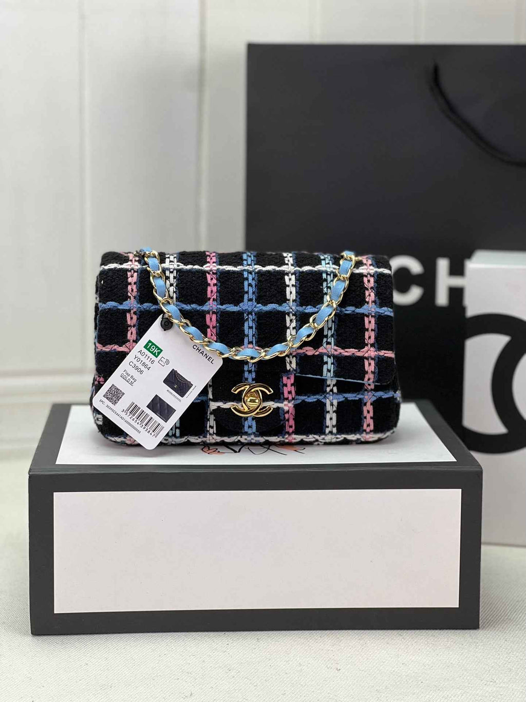 Chanel A69900 Mini Flap Bag Tweed Gold-Tone Metal Blue