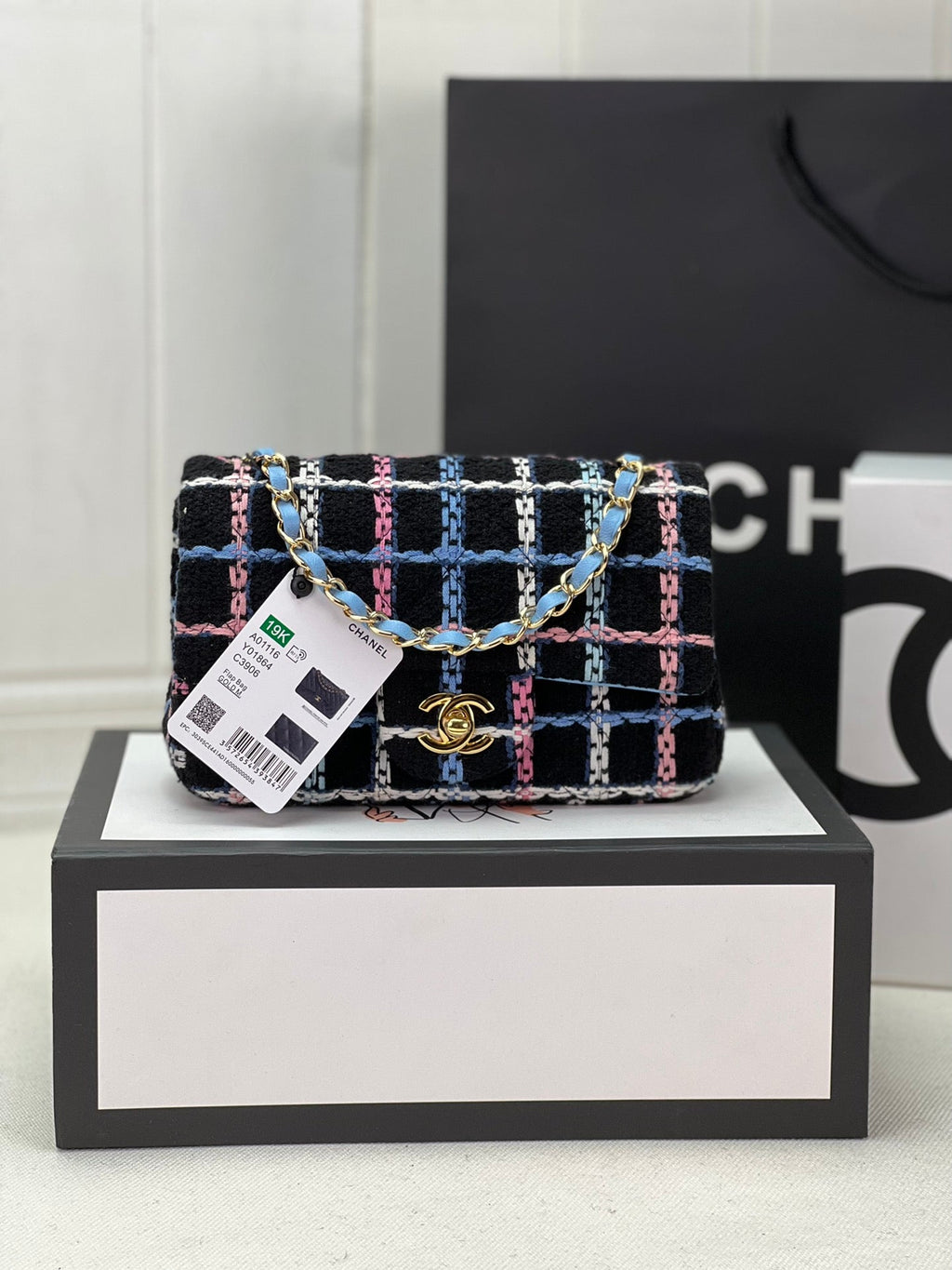Chanel A69900 Mini Flap Bag Tweed Gold-Tone Metal Blue