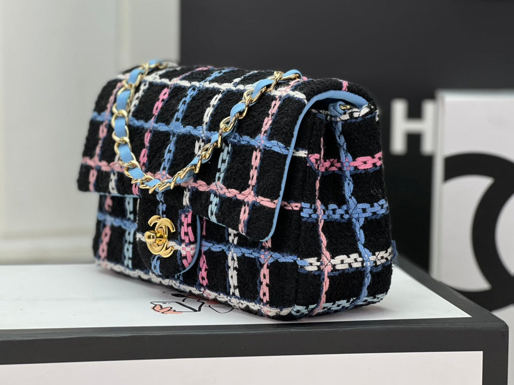 Chanel A69900 Mini Flap Bag Tweed Gold-Tone Metal Blue