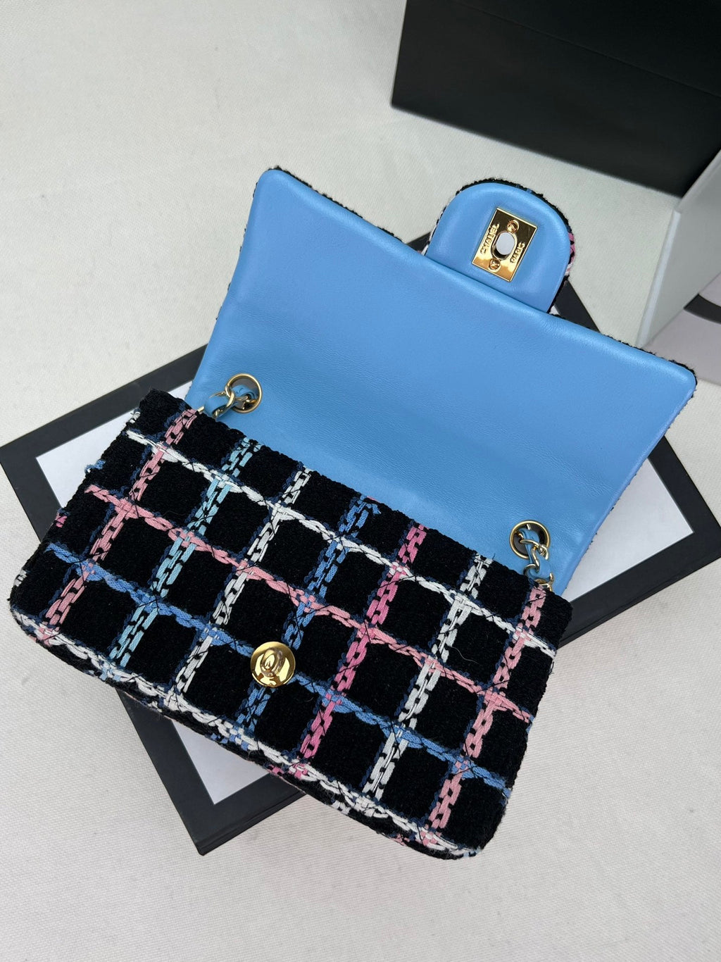 Chanel A69900 Mini Flap Bag Tweed Gold-Tone Metal Blue