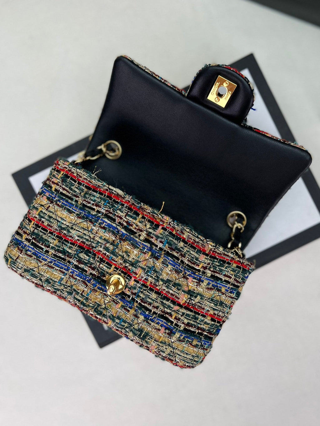 Chanel A69900 Mini Flap Bag Tweed Gold-Tone Metal Brown